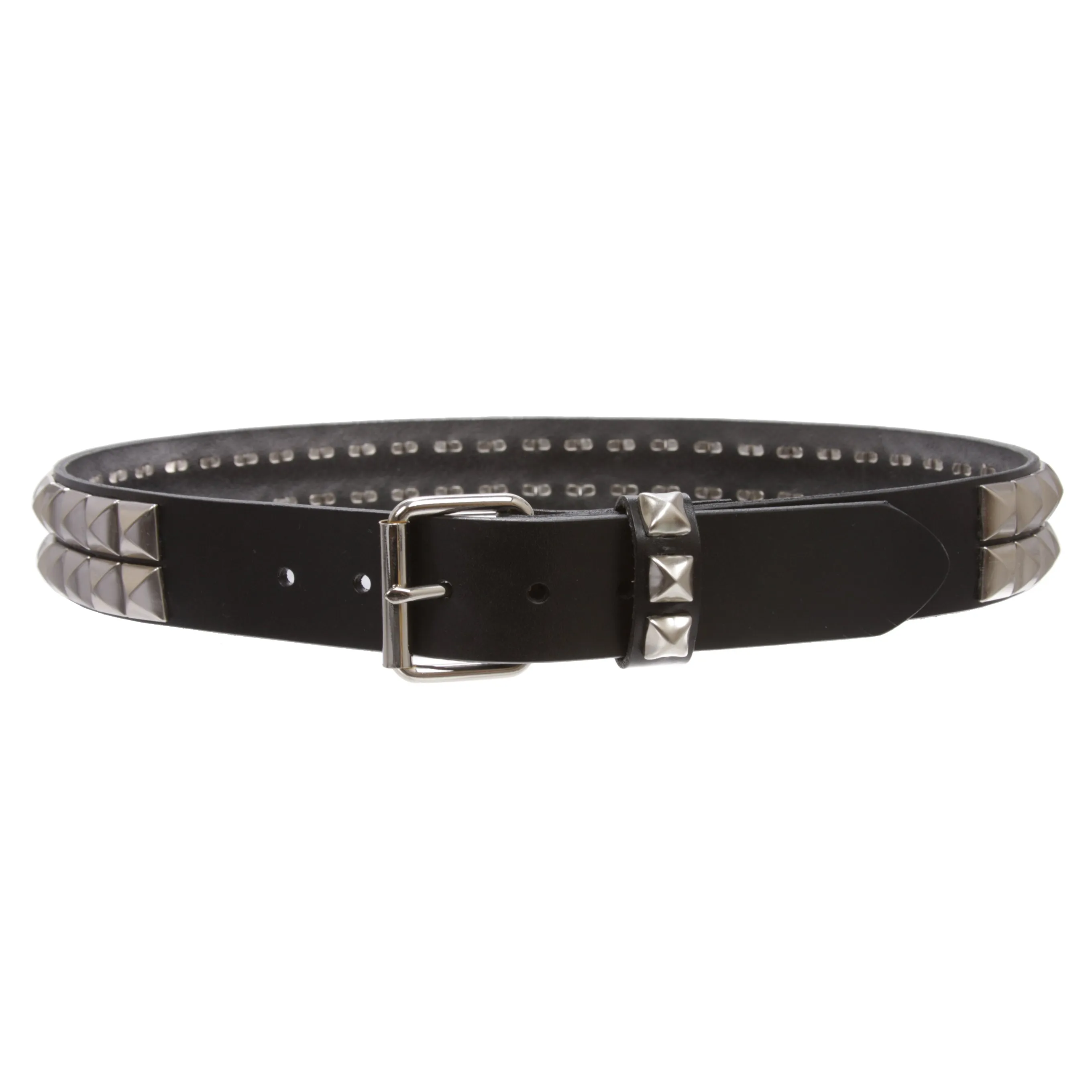 1 1/2" Snap On Two Row Punk Rock Star Silver Studded Solid Leather Belt