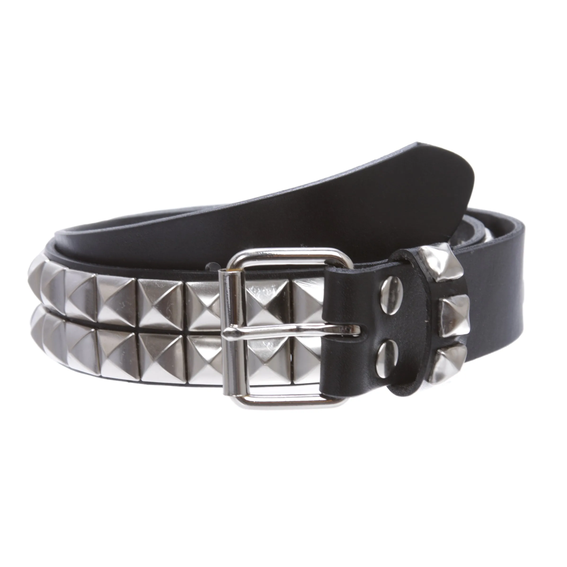 1 1/2" Snap On Two Row Punk Rock Star Silver Studded Solid Leather Belt