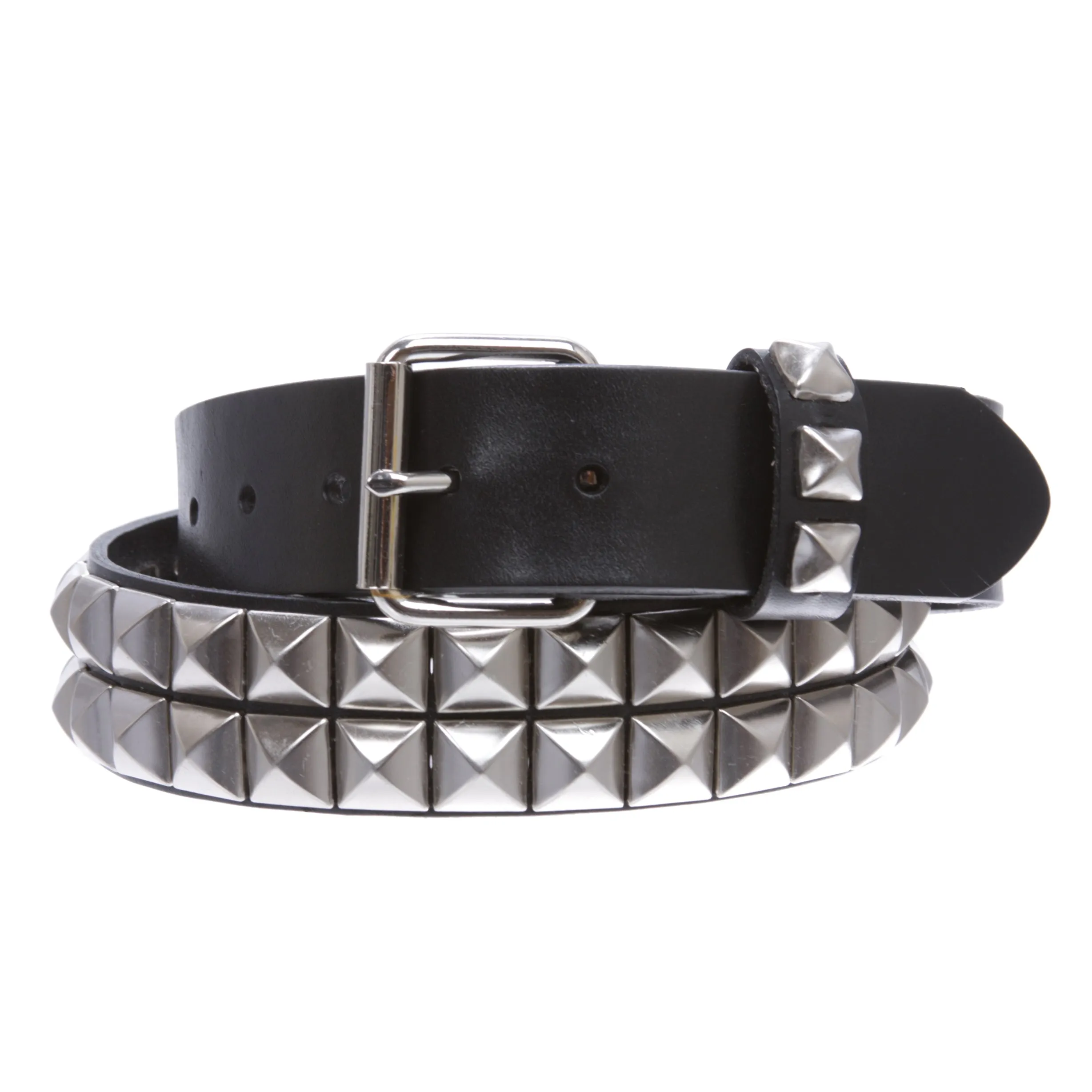 1 1/2" Snap On Two Row Punk Rock Star Silver Studded Solid Leather Belt