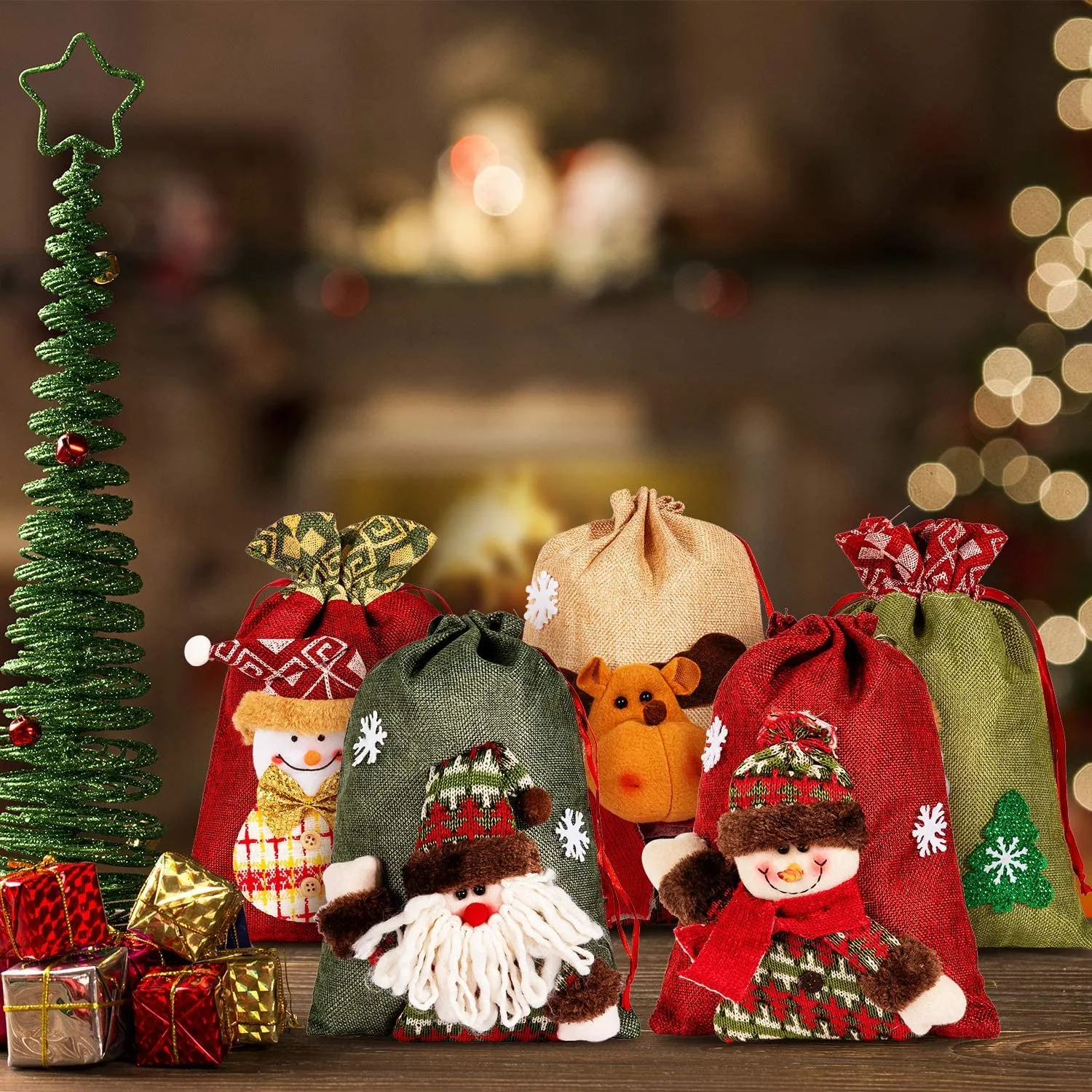 5-Pack: Drawstring Christmas Bags