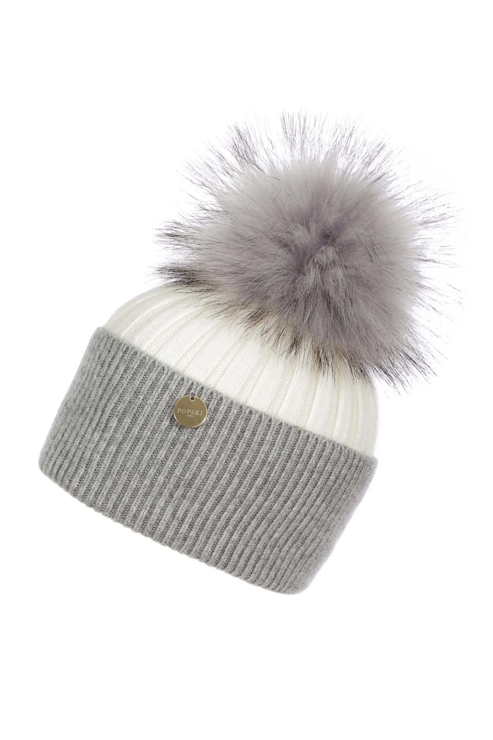Adults Cream & Whisper Grey Angora Beanie Hat with matching Pom