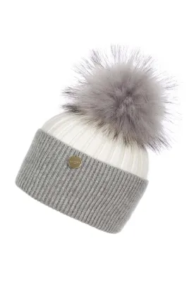 Adults Cream & Whisper Grey Angora Beanie Hat with matching Pom
