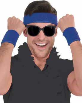 Athlete Sweatband Kit - Set of 1 Headband and 2 Wristbands, Cotton, Blue