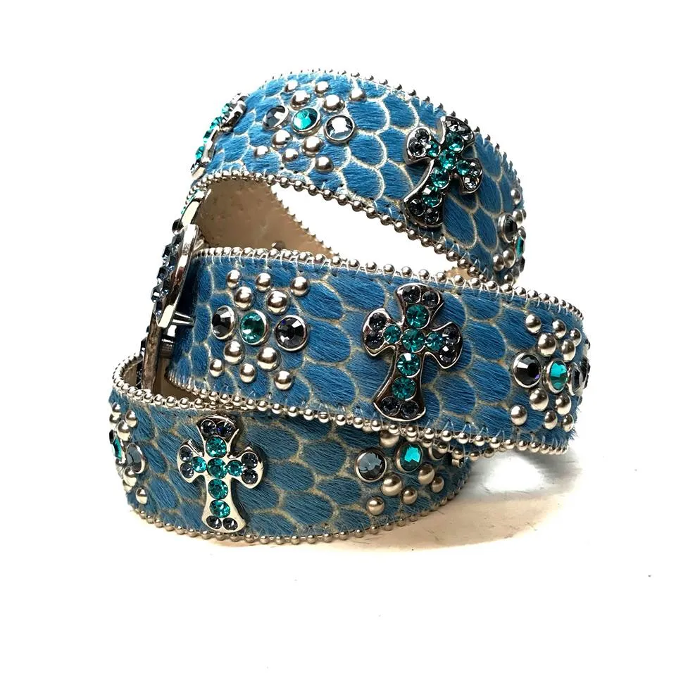 b.b. Simon Blue Pony Hair Cross Crystal Belt