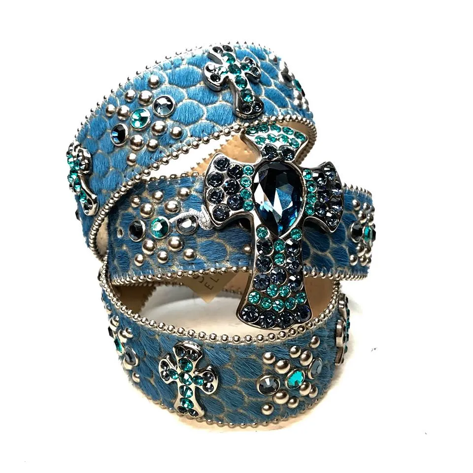 b.b. Simon Blue Pony Hair Cross Crystal Belt