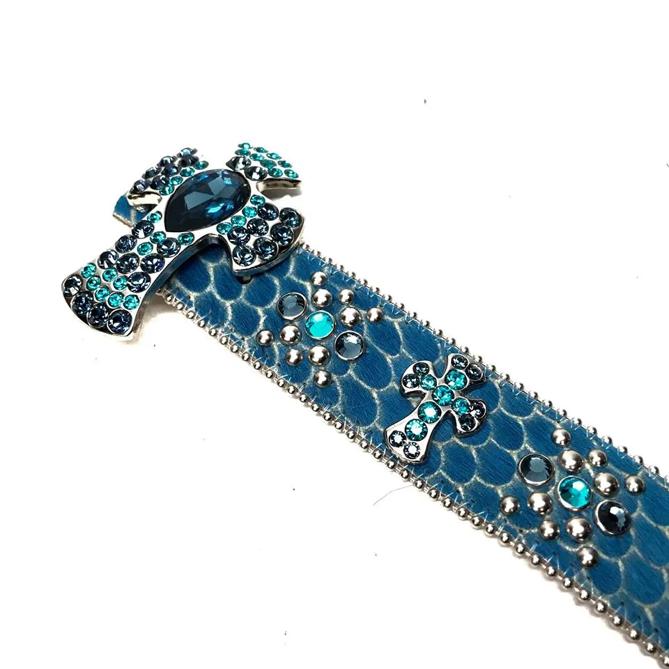 b.b. Simon Blue Pony Hair Cross Crystal Belt