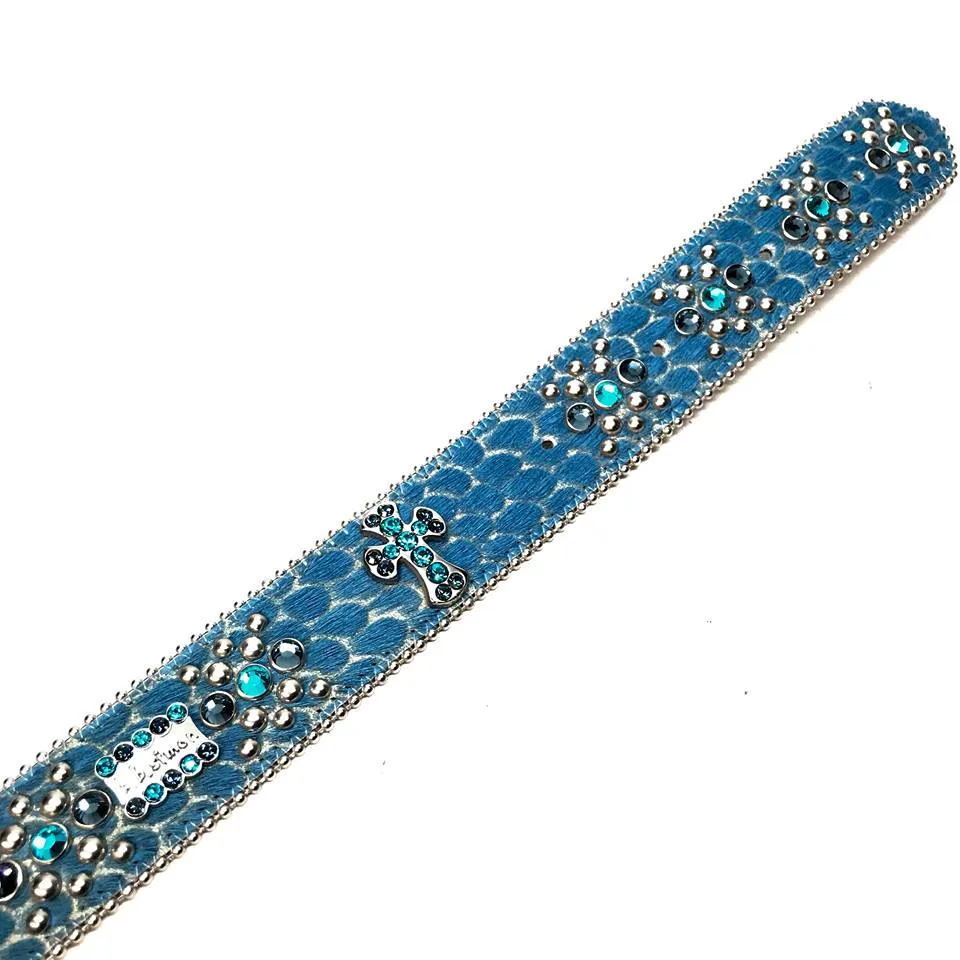 b.b. Simon Blue Pony Hair Cross Crystal Belt