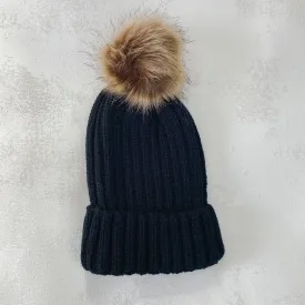 Black Faux Fur Pom Beanie