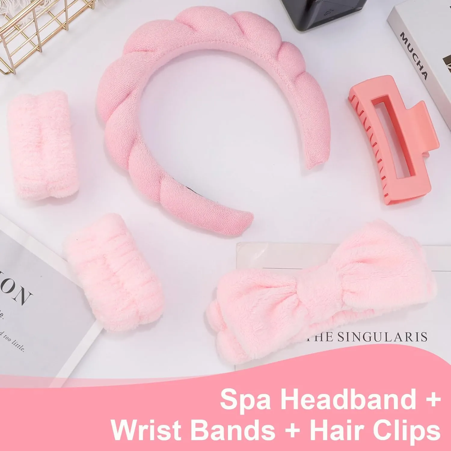 Canitor Spa Wrist Bands Set with Hair Clips and Skincare Headband for Washing Face, Makeup, Preppy Tween Teen Girl Gifts - Cute Trendy Hair Accessories for Women (pink)