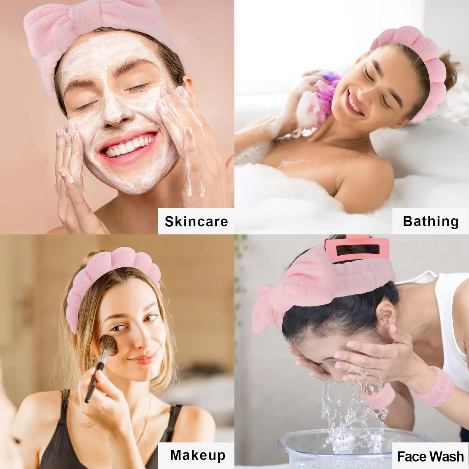 Canitor Spa Wrist Bands Set with Hair Clips and Skincare Headband for Washing Face, Makeup, Preppy Tween Teen Girl Gifts - Cute Trendy Hair Accessories for Women (pink)