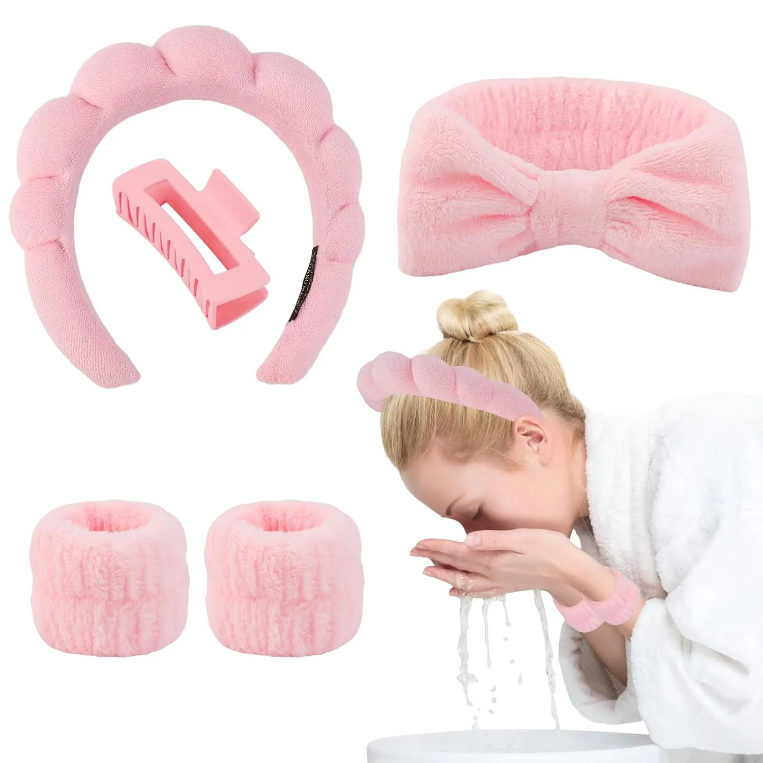 Canitor Spa Wrist Bands Set with Hair Clips and Skincare Headband for Washing Face, Makeup, Preppy Tween Teen Girl Gifts - Cute Trendy Hair Accessories for Women (pink)