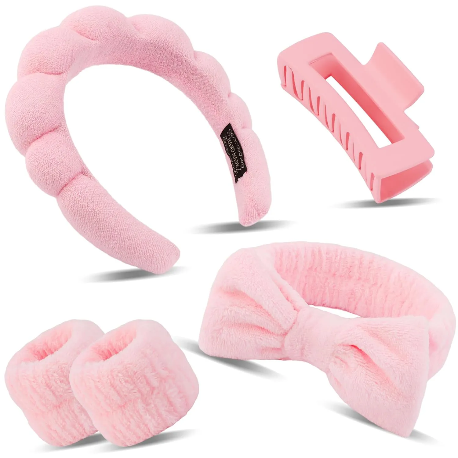 Canitor Spa Wrist Bands Set with Hair Clips and Skincare Headband for Washing Face, Makeup, Preppy Tween Teen Girl Gifts - Cute Trendy Hair Accessories for Women (pink)