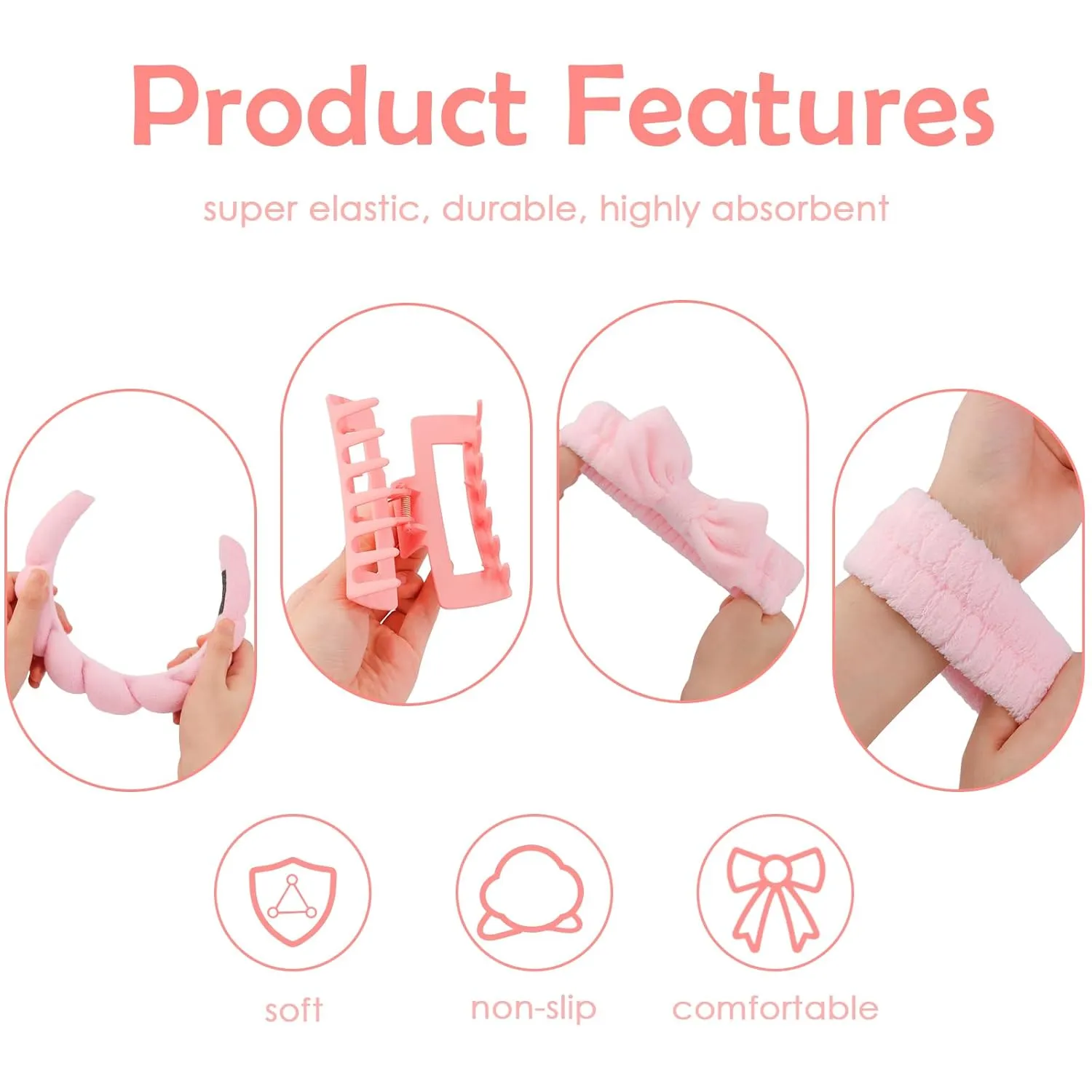 Canitor Spa Wrist Bands Set with Hair Clips and Skincare Headband for Washing Face, Makeup, Preppy Tween Teen Girl Gifts - Cute Trendy Hair Accessories for Women (pink)