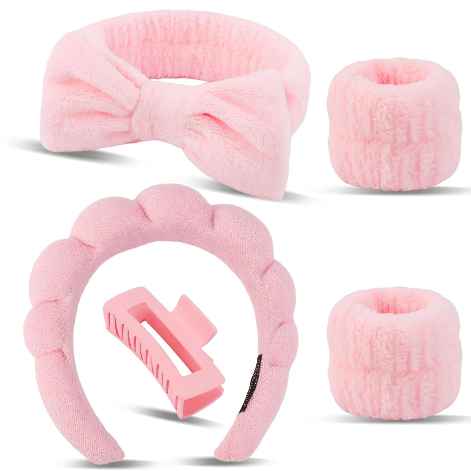 Canitor Spa Wrist Bands Set with Hair Clips and Skincare Headband for Washing Face, Makeup, Preppy Tween Teen Girl Gifts - Cute Trendy Hair Accessories for Women (pink)