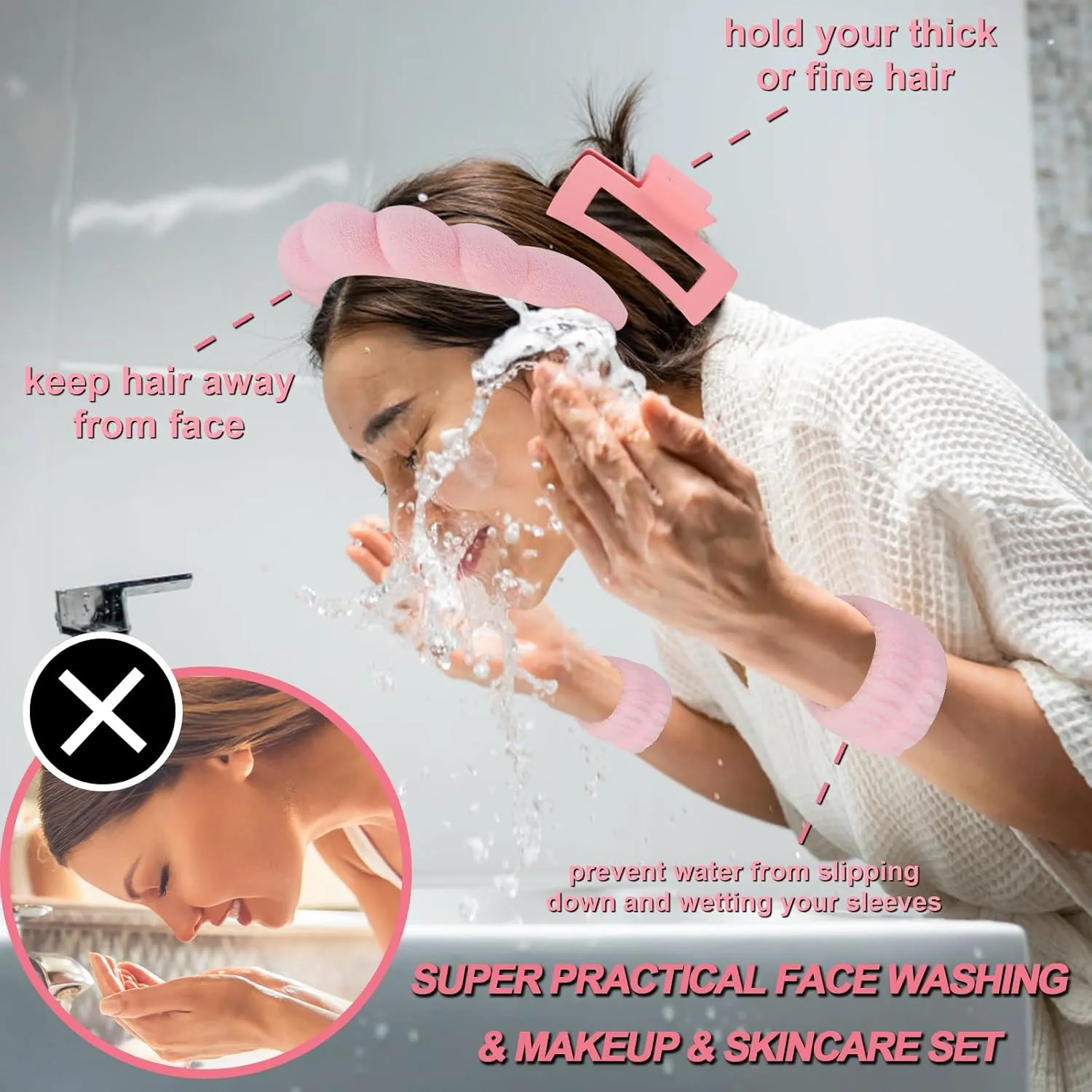 Canitor Spa Wrist Bands Set with Hair Clips and Skincare Headband for Washing Face, Makeup, Preppy Tween Teen Girl Gifts - Cute Trendy Hair Accessories for Women (pink)