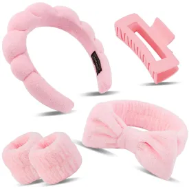 Canitor Spa Wrist Bands Set with Hair Clips and Skincare Headband for Washing Face, Makeup, Preppy Tween Teen Girl Gifts - Cute Trendy Hair Accessories for Women (pink)