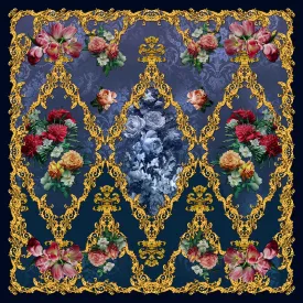 Carlos Ferdinand Pink flowers on navy with gold  CF172 90cm