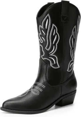 DREAM PAIRS Women's Cowboy Boots Mid Calf Cowgirl Boots Embroidery Stitched Western Boots