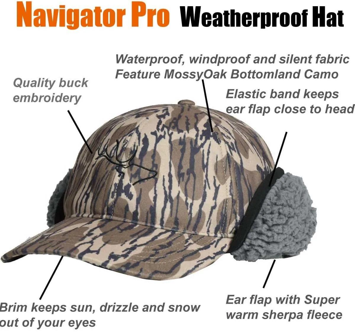 EDTREK Windproof and Waterproof Winter Hat with Sherpa Lined Ear Flap - Ultra Performance Blaze Orange and Camo Hunting Hat