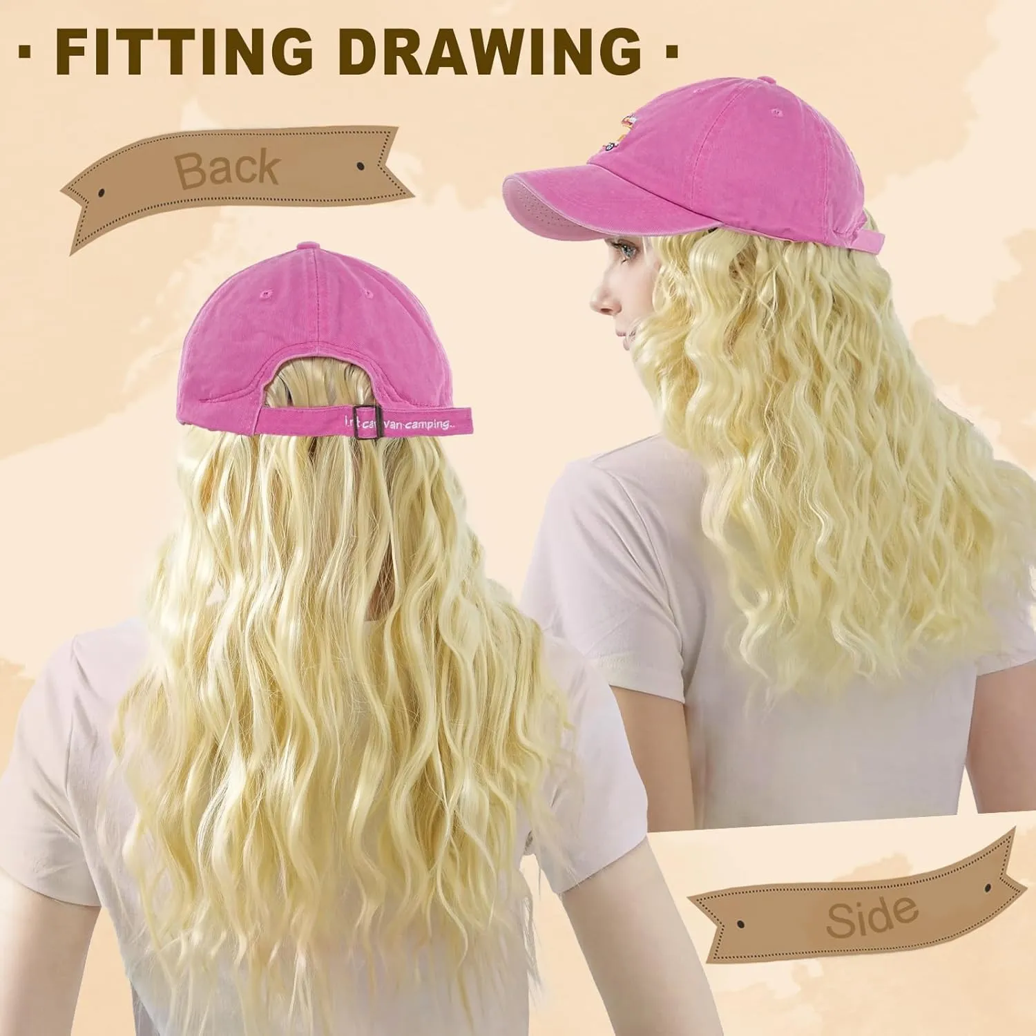 Hat Wig for Women Baseball Cap with Hair hat with hair attached for women Extensions Adjustable Hat Attached 34" Long Wavy Hairpieces Synthetic Wig