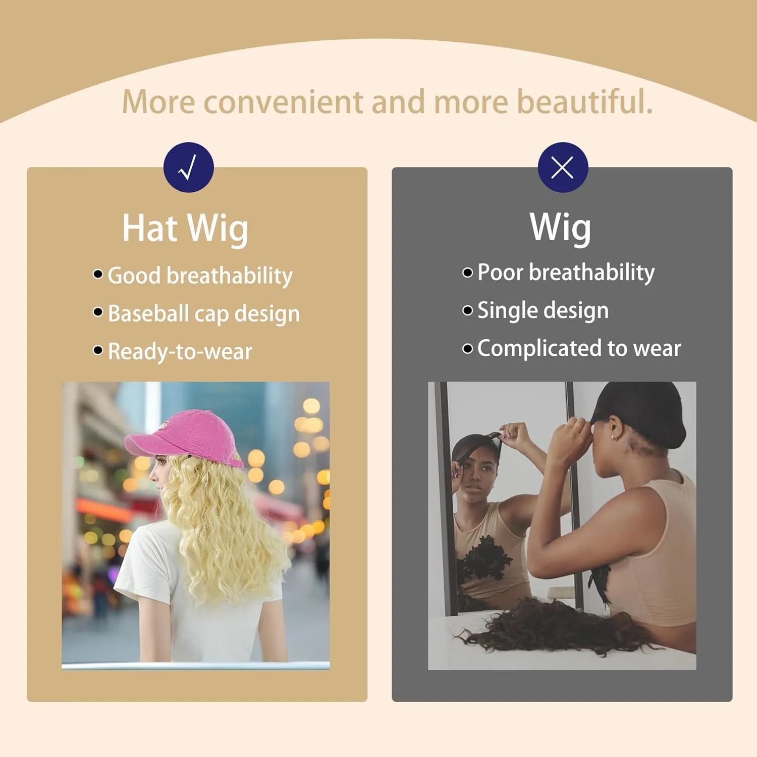Hat Wig for Women Baseball Cap with Hair hat with hair attached for women Extensions Adjustable Hat Attached 34" Long Wavy Hairpieces Synthetic Wig