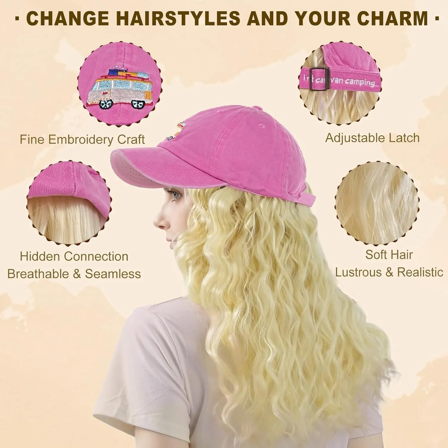 Hat Wig for Women Baseball Cap with Hair hat with hair attached for women Extensions Adjustable Hat Attached 34" Long Wavy Hairpieces Synthetic Wig