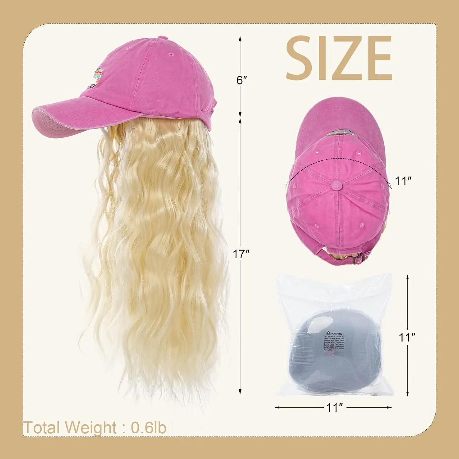 Hat Wig for Women Baseball Cap with Hair hat with hair attached for women Extensions Adjustable Hat Attached 34" Long Wavy Hairpieces Synthetic Wig