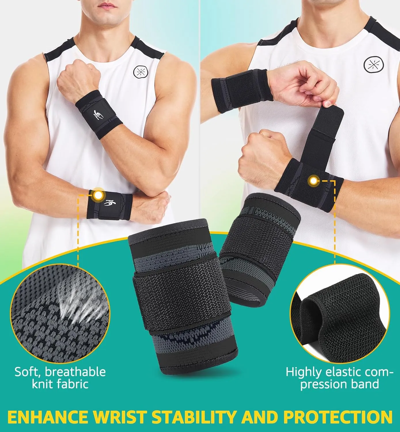 HiRui Wrist Brace Wrist Wraps Compression Wrist Strap, Wrist Support for Work Fitness Weightlifting Sprains Tendonitis, Carpal Tunnel Arthritis, Pain Relief, Adjustable Wristbands 2 PACK (Black, XL)