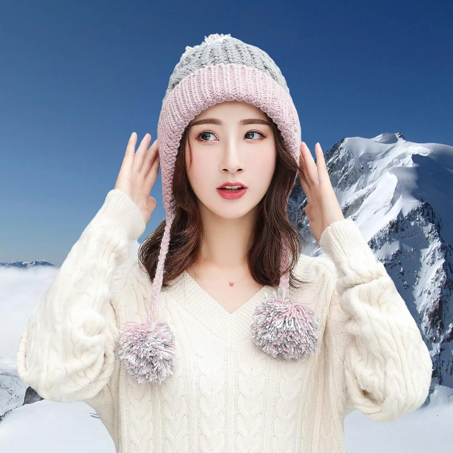HUAMULAN Women Winter Peruvian Cover Ears Beanie Hat Ear Flaps Sherpa Ski Snow Hats Knit Fleece Lined 3 Pom Pom
