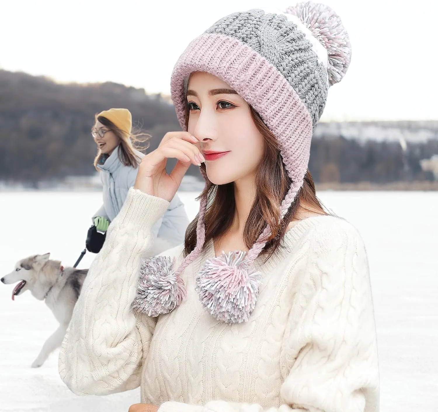 HUAMULAN Women Winter Peruvian Cover Ears Beanie Hat Ear Flaps Sherpa Ski Snow Hats Knit Fleece Lined 3 Pom Pom