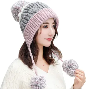HUAMULAN Women Winter Peruvian Cover Ears Beanie Hat Ear Flaps Sherpa Ski Snow Hats Knit Fleece Lined 3 Pom Pom