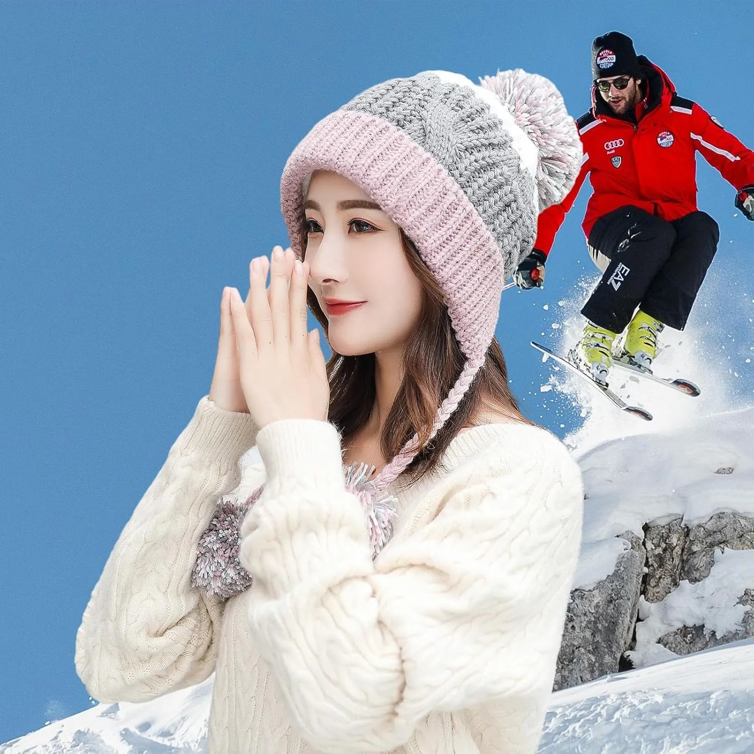 HUAMULAN Women Winter Peruvian Cover Ears Beanie Hat Ear Flaps Sherpa Ski Snow Hats Knit Fleece Lined 3 Pom Pom