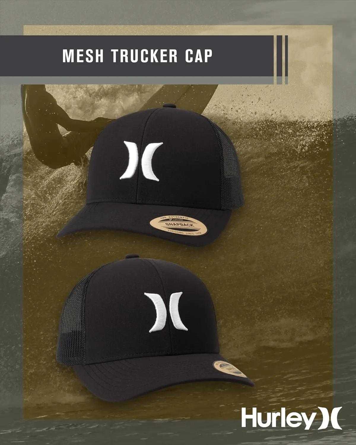 Hurley Men's Caps - Del Mar Mesh Panel Baseball Cap Trucker Hat - Snap Back Hats for Men