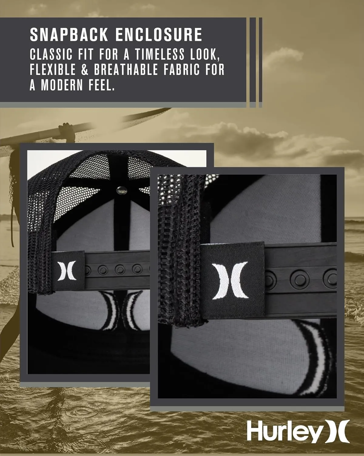 Hurley Men's Caps - Del Mar Mesh Panel Baseball Cap Trucker Hat - Snap Back Hats for Men