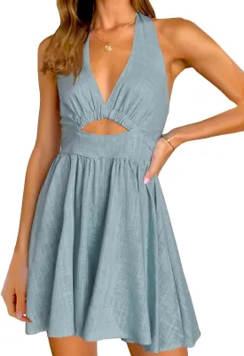 Inorin Womens Summer Sleeveless Halter V Neck Backless Cut Out Sexy Casual Party Swing Flared Mini Dress