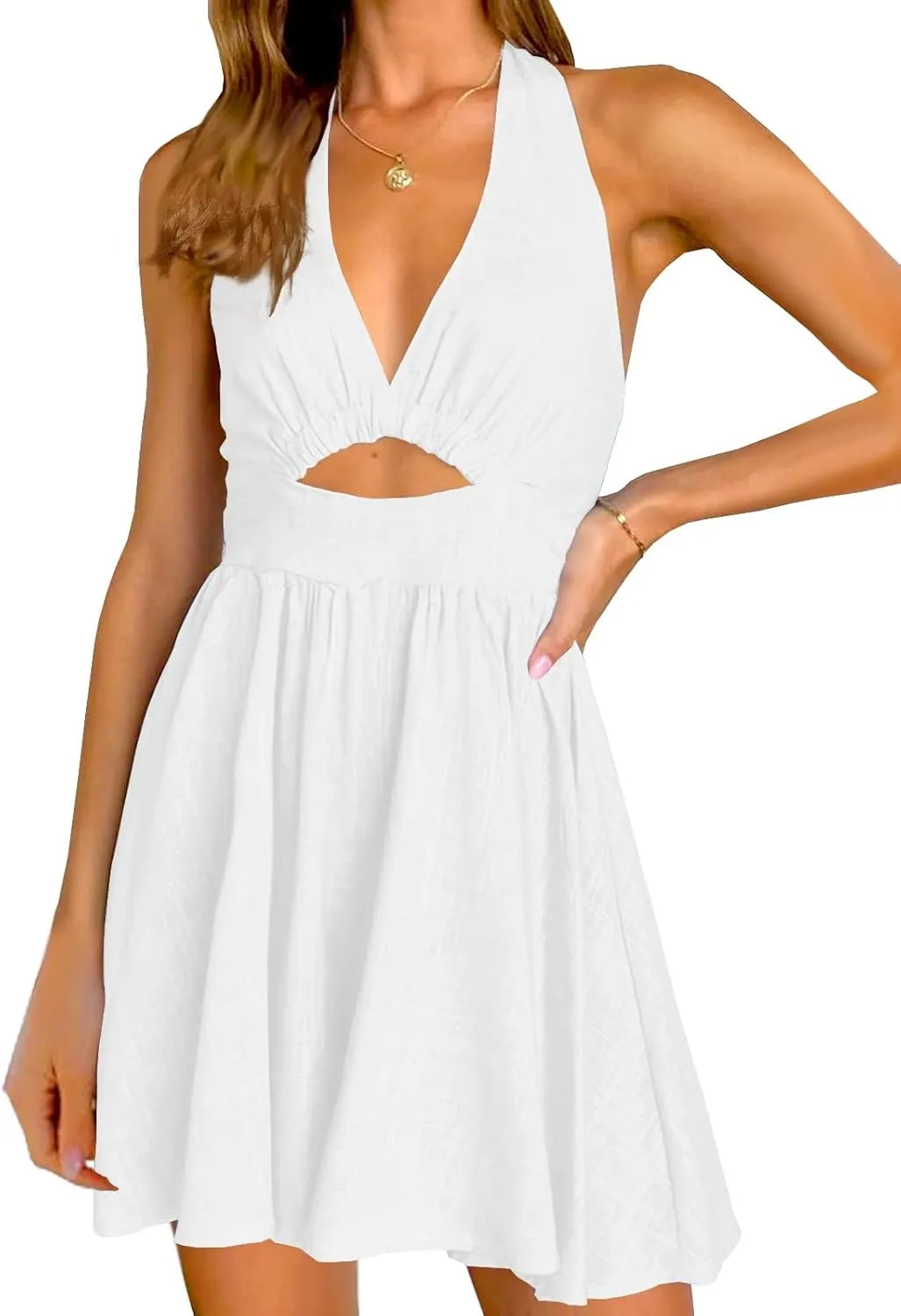 Inorin Womens Summer Sleeveless Halter V Neck Backless Cut Out Sexy Casual Party Swing Flared Mini Dress