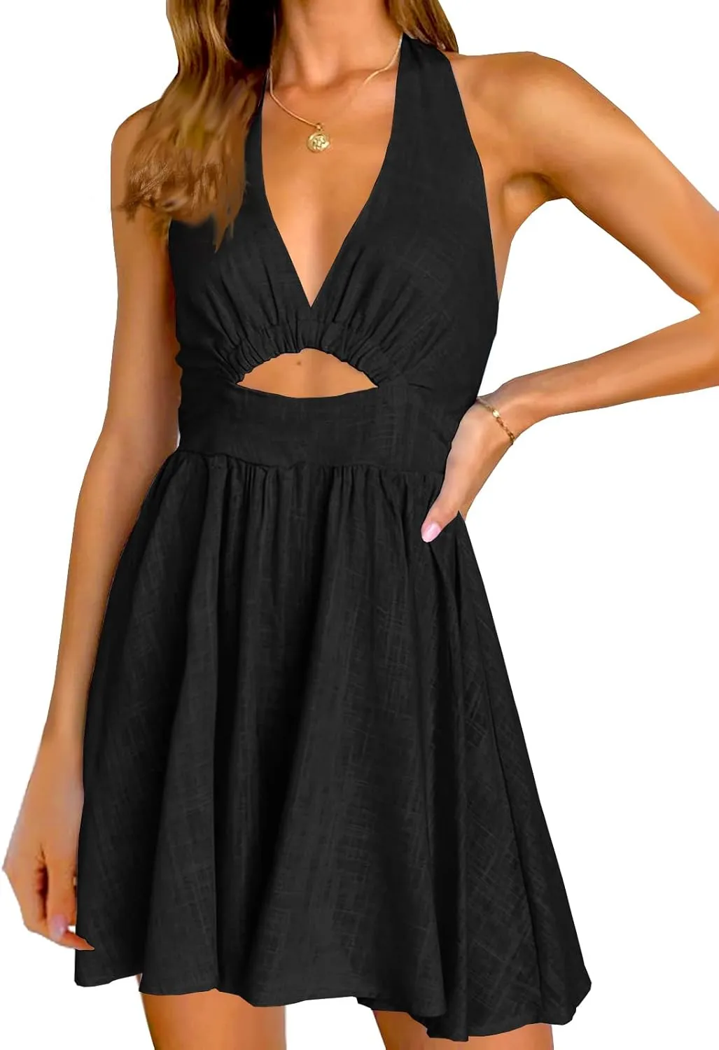 Inorin Womens Summer Sleeveless Halter V Neck Backless Cut Out Sexy Casual Party Swing Flared Mini Dress