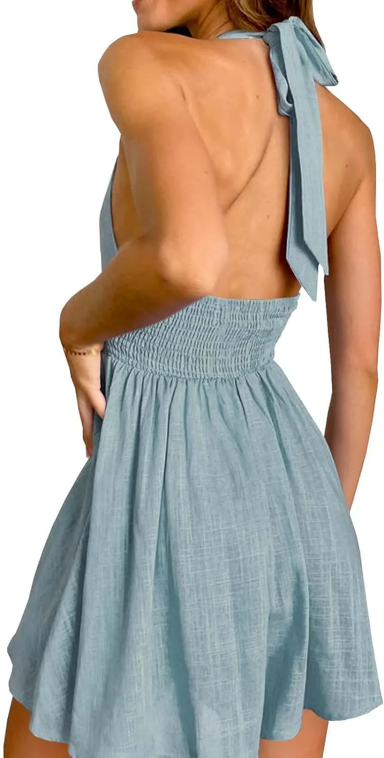 Inorin Womens Summer Sleeveless Halter V Neck Backless Cut Out Sexy Casual Party Swing Flared Mini Dress