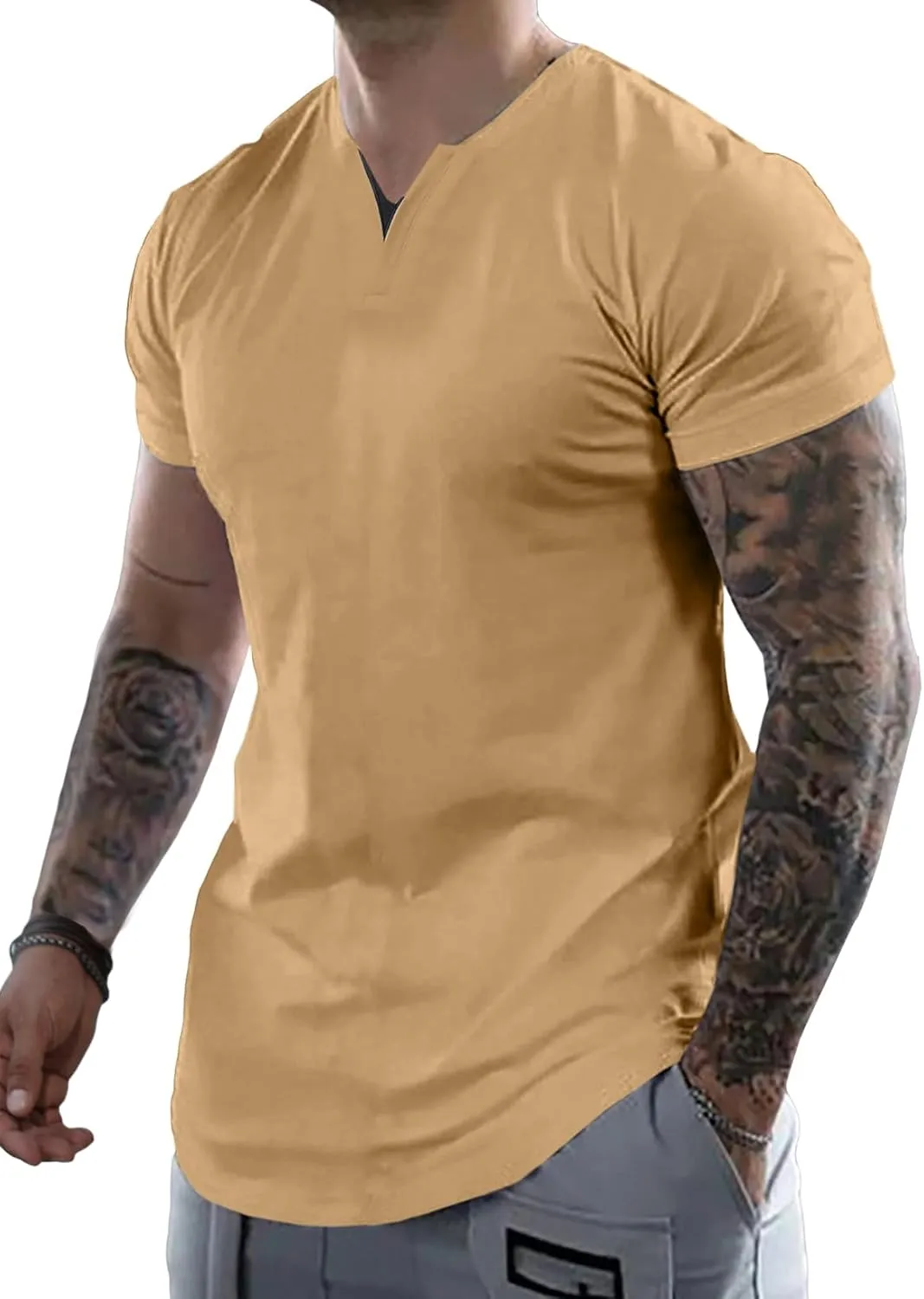 JMIERR Mens Muscle Slim T Shirts Summer V Neck Gym Shirt Casual Cotton Workout Athletic Longline Tees