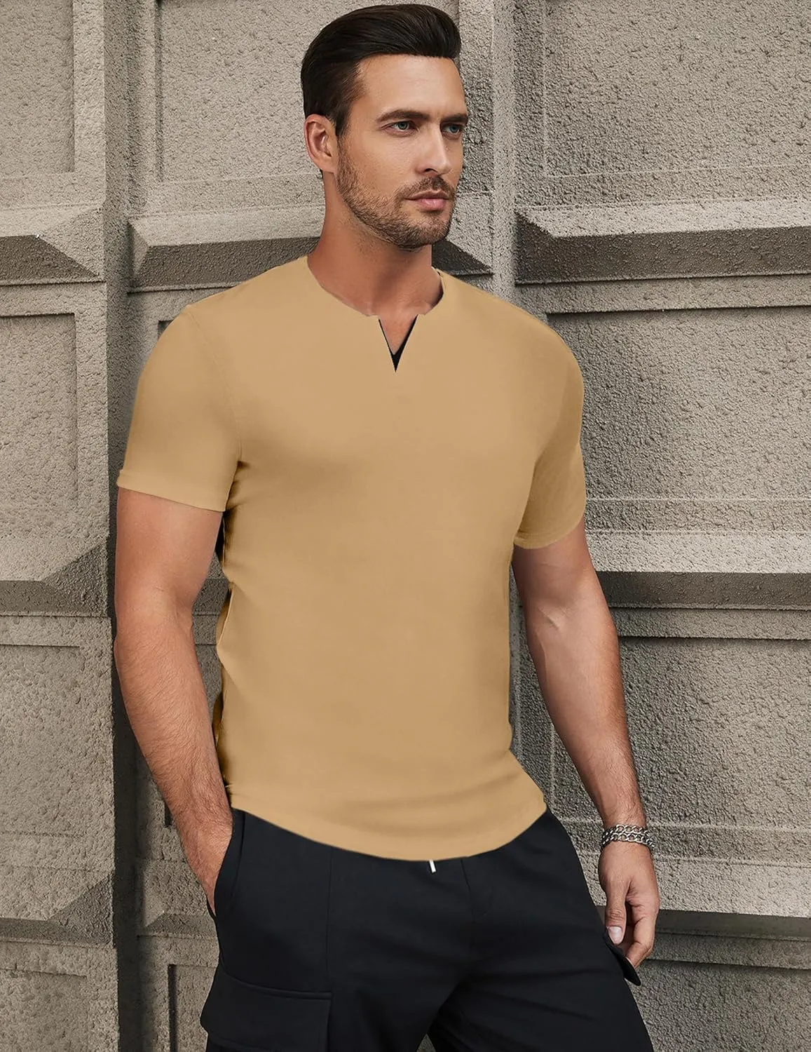JMIERR Mens Muscle Slim T Shirts Summer V Neck Gym Shirt Casual Cotton Workout Athletic Longline Tees