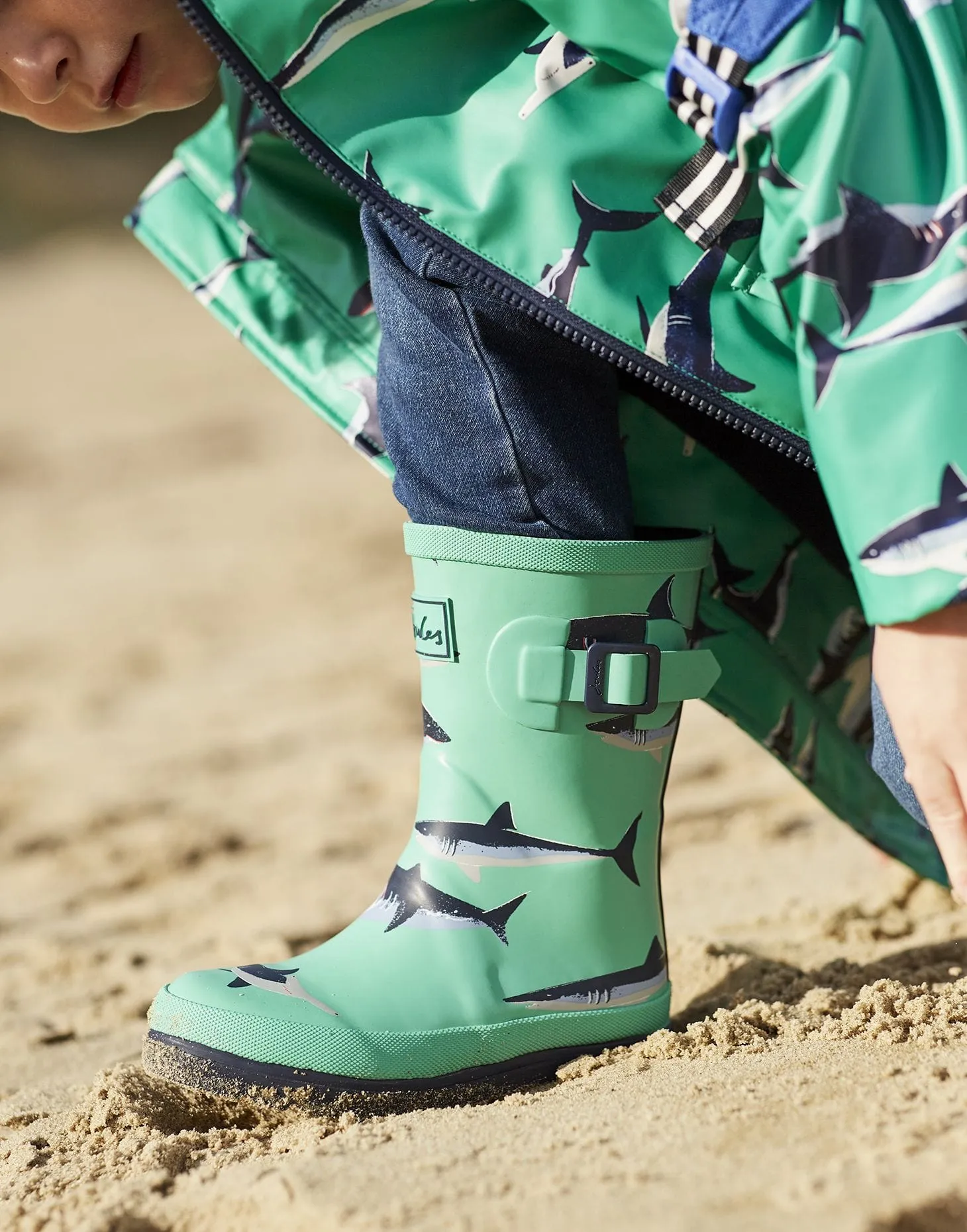 Joules Welly Tall Height Printed Rain Boots Light Green Shark