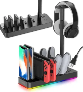 KAFRI RGB Headphone Stand with Charging Station, Gaming Accessories Headset Holder with 6 USB C Charger Compatible with Switch/Phone/PS5 Controller/PS Portal, 2 AC Outlet, Gifts for Gamer