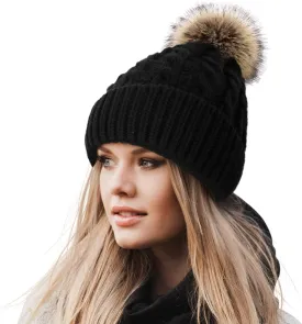 Livingston Women's Winter Soft Knit Beanie Hat with Faux Fur Pom Pom Warm Skull Cap Beanies for Women