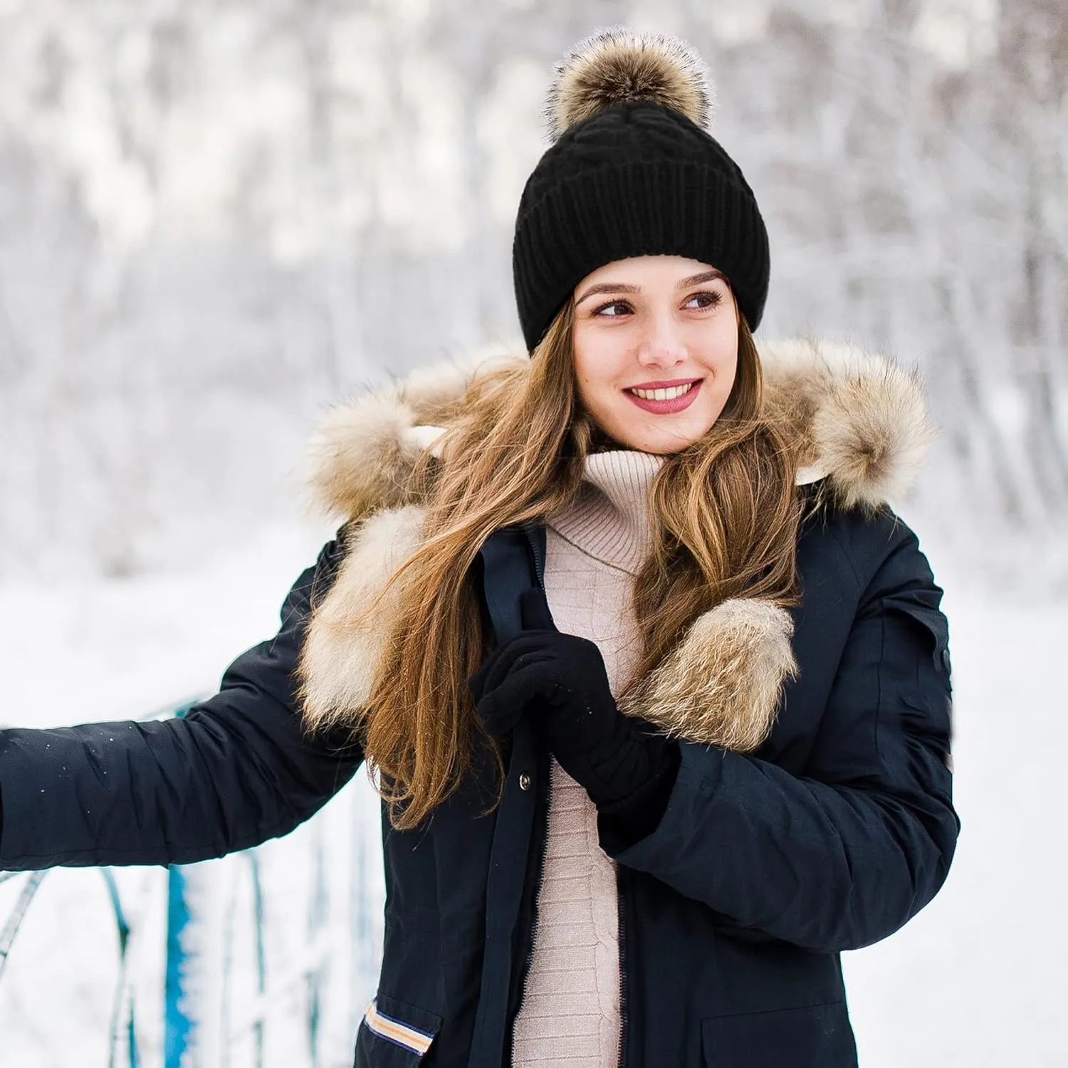 Livingston Women's Winter Soft Knit Beanie Hat with Faux Fur Pom Pom Warm Skull Cap Beanies for Women