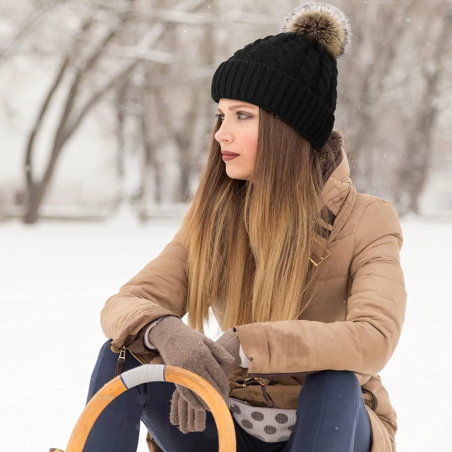 Livingston Women's Winter Soft Knit Beanie Hat with Faux Fur Pom Pom Warm Skull Cap Beanies for Women