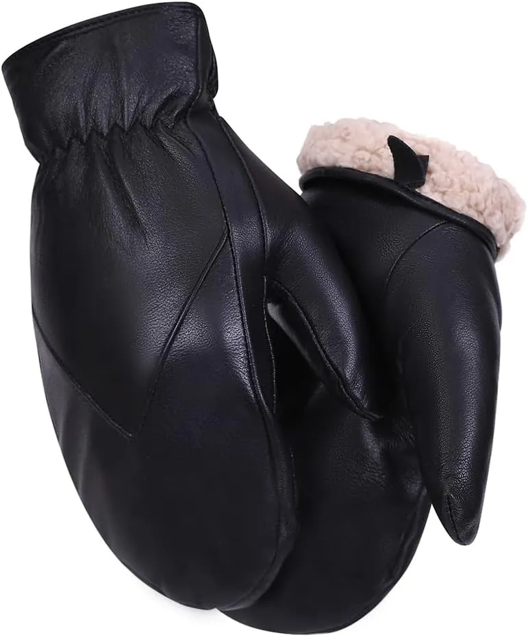MGGMOKAY Women's Leather Mittens Warm Lambskin Mittens Winter Fleece Lined