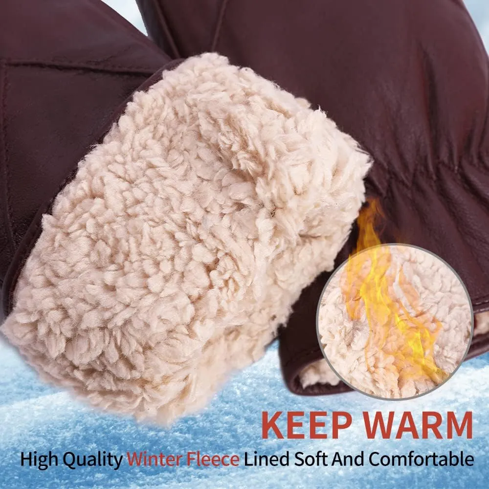 MGGMOKAY Women's Leather Mittens Warm Lambskin Mittens Winter Fleece Lined