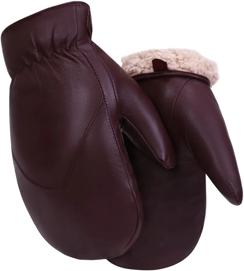 MGGMOKAY Women's Leather Mittens Warm Lambskin Mittens Winter Fleece Lined