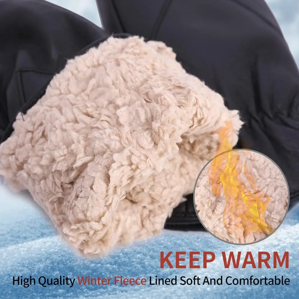 MGGMOKAY Women's Leather Mittens Warm Lambskin Mittens Winter Fleece Lined