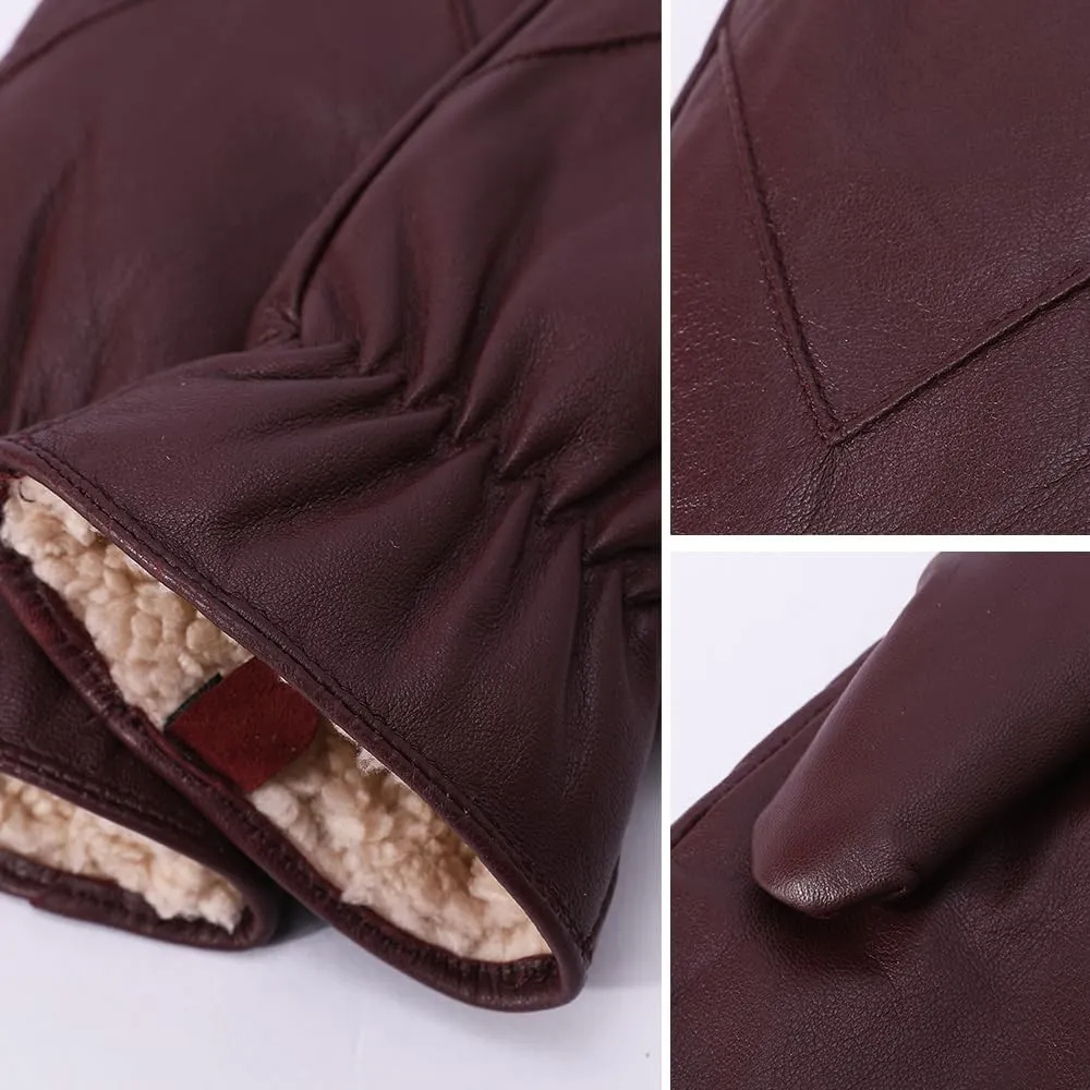MGGMOKAY Women's Leather Mittens Warm Lambskin Mittens Winter Fleece Lined